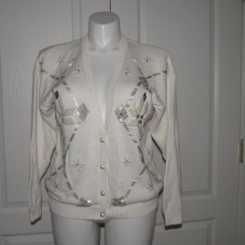 VICTORIA JONES Button Front Long Sleeve V-Neck Ramie Cotton White Sweater Size L